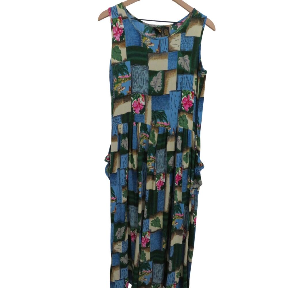 Bila Women Sz M Blue Floral Patchwork Tiered Sleeveless Boho Midi Dress Coastal